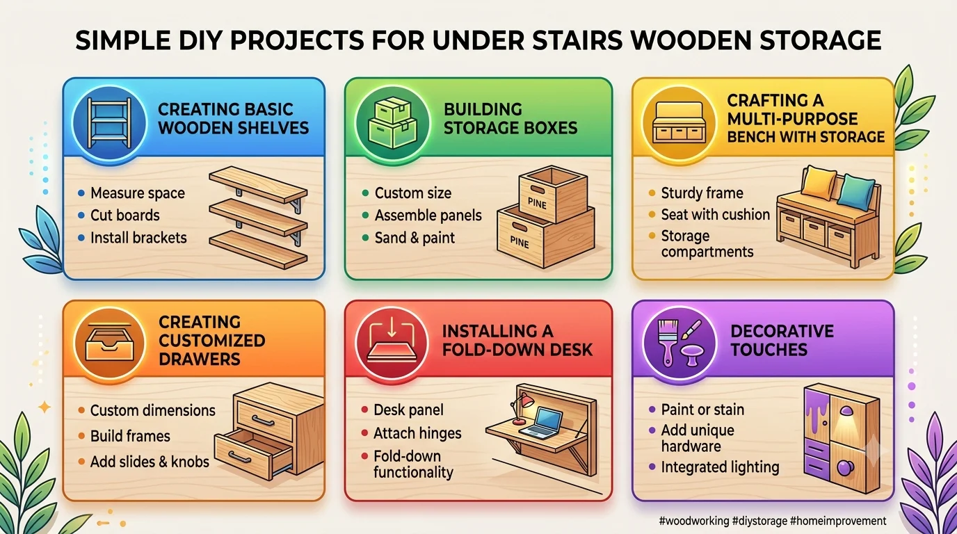 An infographic titled "Simple DIY Projects for Under Stairs Wooden Storage" in a 16:9 layout. It displays six colorful boxes with icons, step-by-step bullet points, and illustrations for different woodworking projects: Basic Wooden Shelves, Storage Boxes, a Multi-Purpose Bench, Customized Drawers, a Fold-Down Desk, and Decorative Touches.