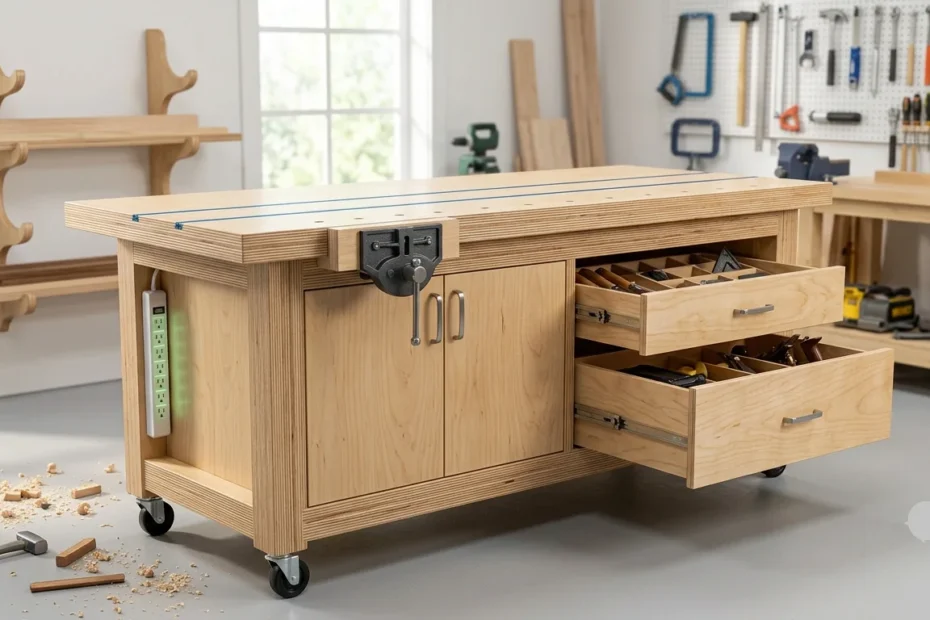 A bright, wide-angle photograph of a custom DIY mobile workbench made entirely of layered birch-faced plywood in a clean workshop. The top surface features embedded blue T-tracks and a front-mounted heavy metal vise