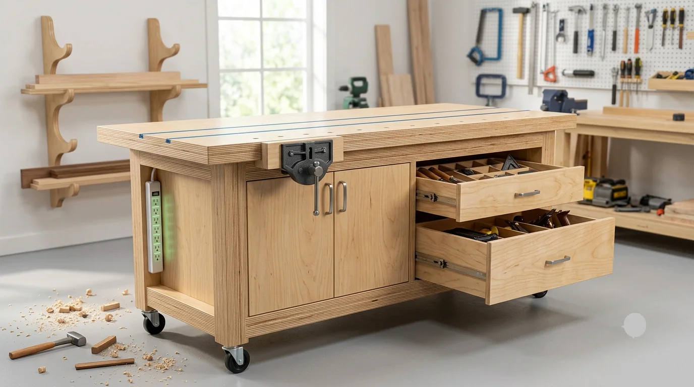 A bright, wide-angle photograph of a custom DIY mobile workbench made entirely of layered birch-faced plywood in a clean workshop. The top surface features embedded blue T-tracks and a front-mounted heavy metal vise