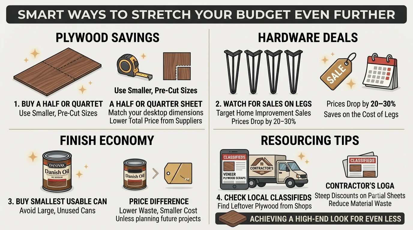 An infographic detailing four budget-stretching tips for a DIY desk project: purchasing smaller, pre-cut plywood sizes; watching for sales on hairpin legs; buying the smallest usable amount of wood finish; and checking local classifieds for leftover contractor materials.