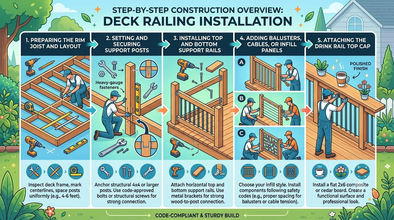 A five-step infographic detailing the process of installing a deck railing. Each step features a numbered header, a detailed illustration with workers and tools, relevant icons, and a descriptive caption.