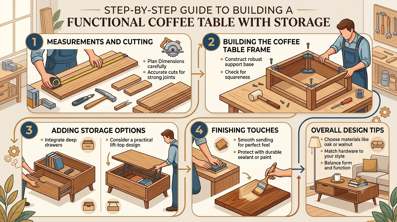 A four-step infographic illustrating "STEP-BY-STEP GUIDE TO BUILDING A FUNCTIONAL COFFEE TABLE WITH STORAGE," including measuring and cutting, assembling the frame, integrating drawer or lift-top storage options, and finishing.