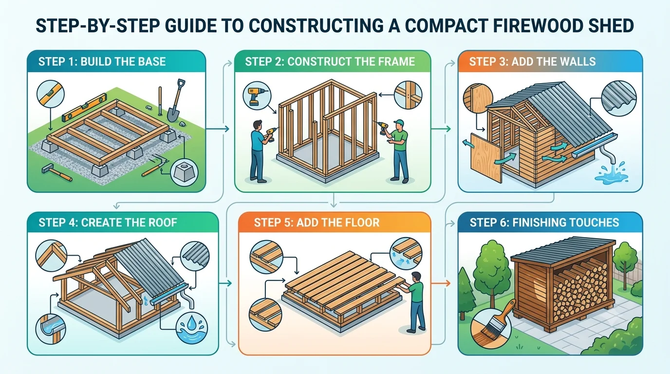 A step-by-step infographic titled "Step-by-Step Guide to Constructing a Compact Firewood Shed" showing six numbered panels detailing the build process from base to finishing touches.