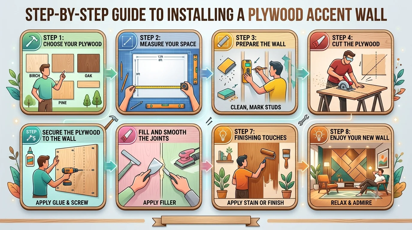 A step-by-step infographic showing how to install a plywood accent wall, featuring eight numbered blocks with illustrations for choosing plywood, measuring, preparing the wall, cutting, securing panels, filling joints, finishing, and admiring the result.