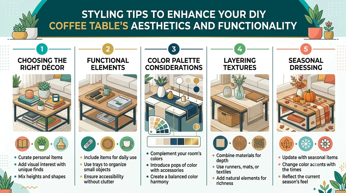 A modern infographic titled "STYLING TIPS TO ENHANCE YOUR DIY COFFEE TABLE'S AESTHETICS AND FUNCTIONALITY" featuring five columns covering décor choice, functional elements, color palettes, layering textures, and seasonal dressing, each illustrated with a stylized coffee table mockup and bulleted tips.