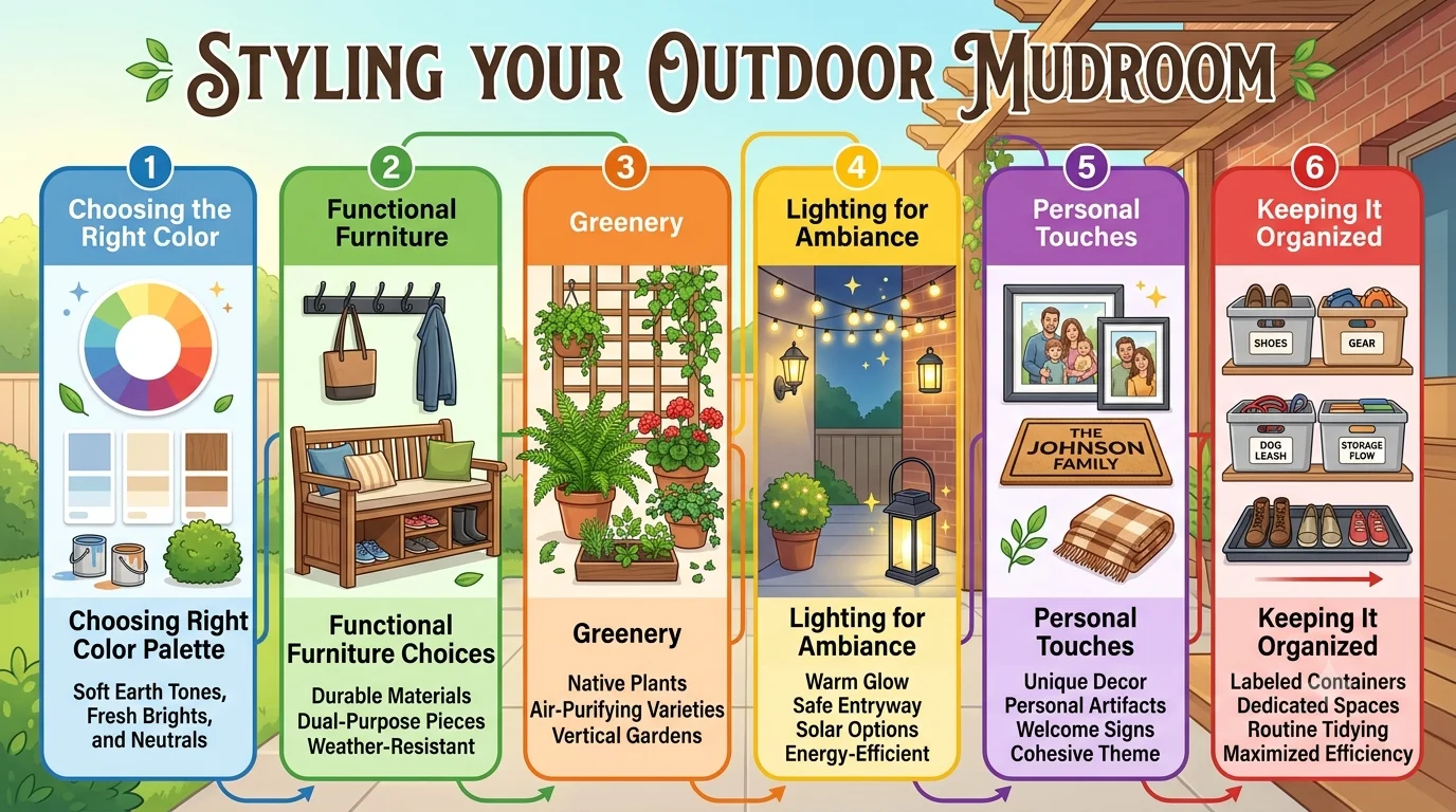An infographic in a 16:9 ratio titled "STYLING YOUR OUTDOOR MUDROOM," featuring six colorful, numbered panels: Color Palette, Functional Furniture, Greenery, Ambiance Lighting, Personal Touches, and Keeping It Organized.
