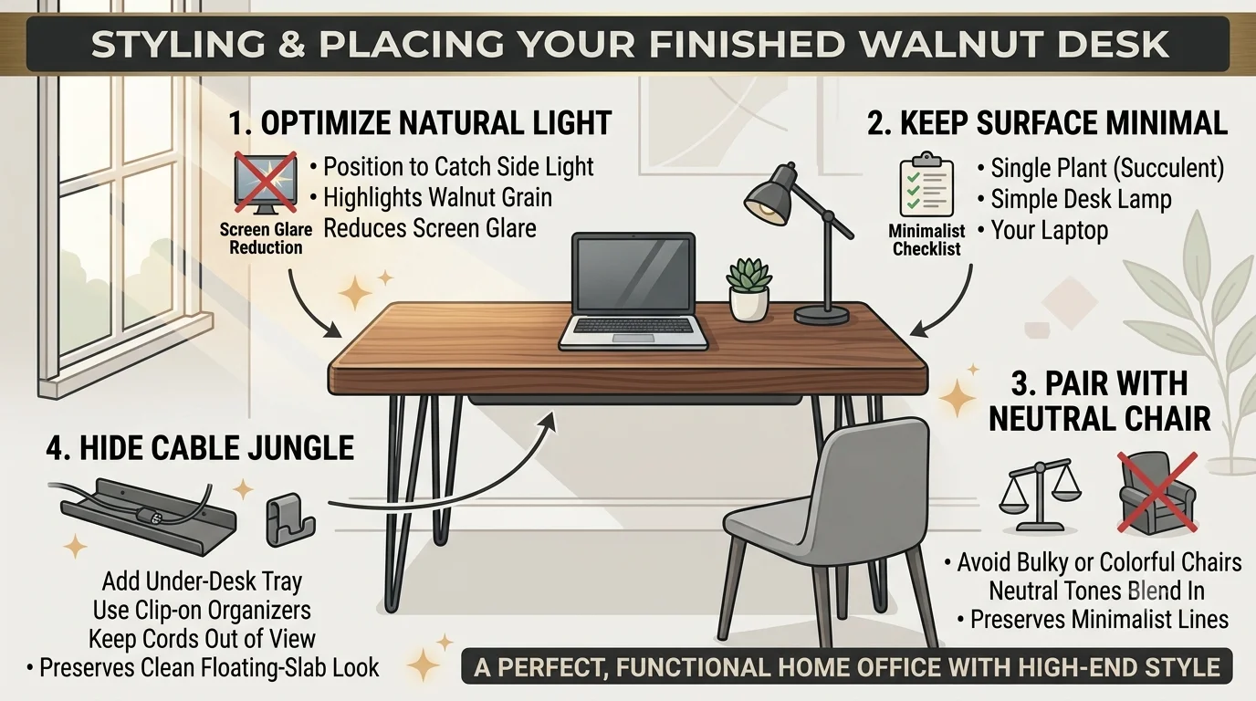 DIY desk styling infographic highlighting four setup tips: positioning for natural side lighting, keeping the surface minimal, pairing with a low-profile neutral chair, and using under-desk cable management trays.