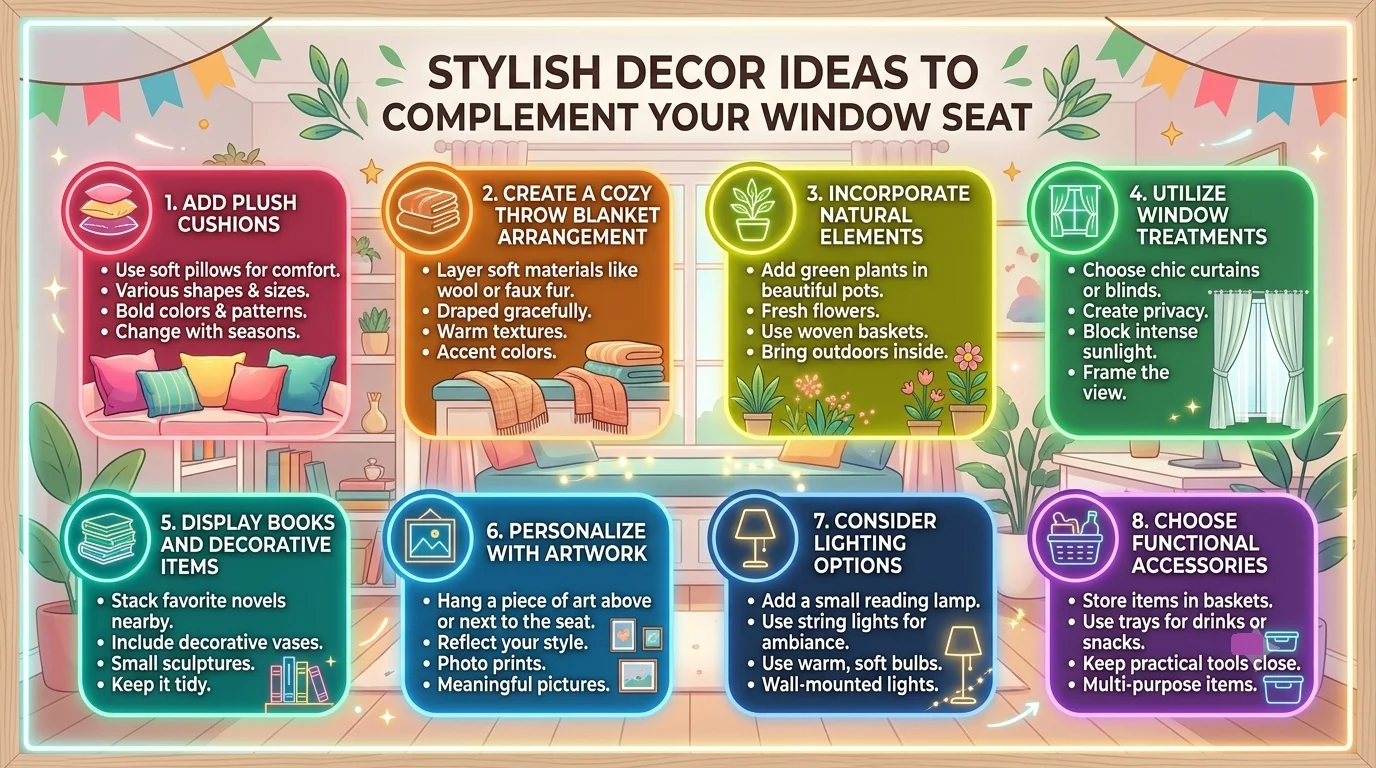 A cozy, brightly-lit infographic framed like a wooden mirror with neon-glow highlights. The title reads "STYLISH DECOR IDEAS TO COMPLEMENT YOUR WINDOW SEAT". Eight numbered, color-coded rectangular boxes