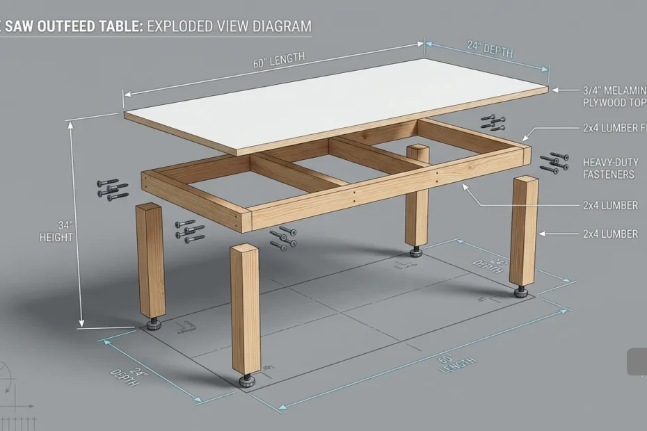 Close-up profile of a woodworker sliding a piece of lumber from a table saw onto a perfectly level outfeed table.