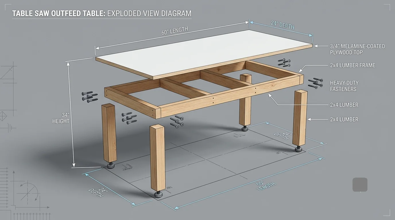 Close-up profile of a woodworker sliding a piece of lumber from a table saw onto a perfectly level outfeed table.