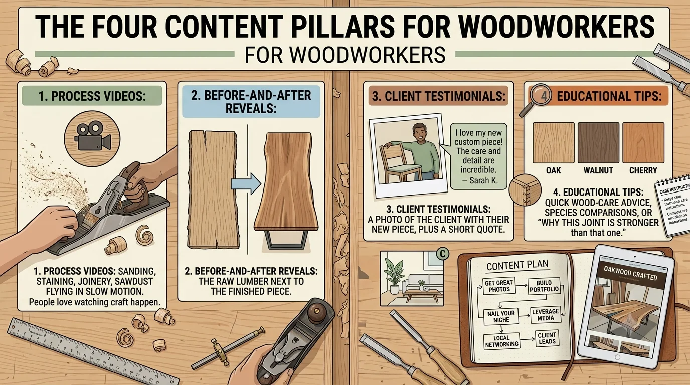 Woodworking content marketing infographic titled "The Four Content Pillars for Woodworkers," detailing four strategic categories: Process Videos, Before-and-After Reveals, Client Testimonials, and Educational Tips, with illustrations and woodworking tools on a bench.