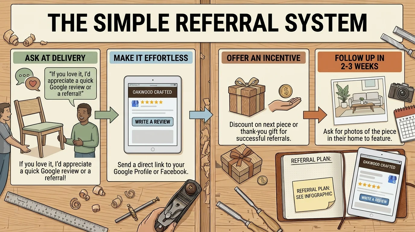 Woodworking marketing infographic titled "The Simple Referral System," detailing four steps: Ask at Delivery, Make It Effortless, Offer an Incentive, and Follow Up in 2-3 Weeks, displayed on a workbench alongside tools.