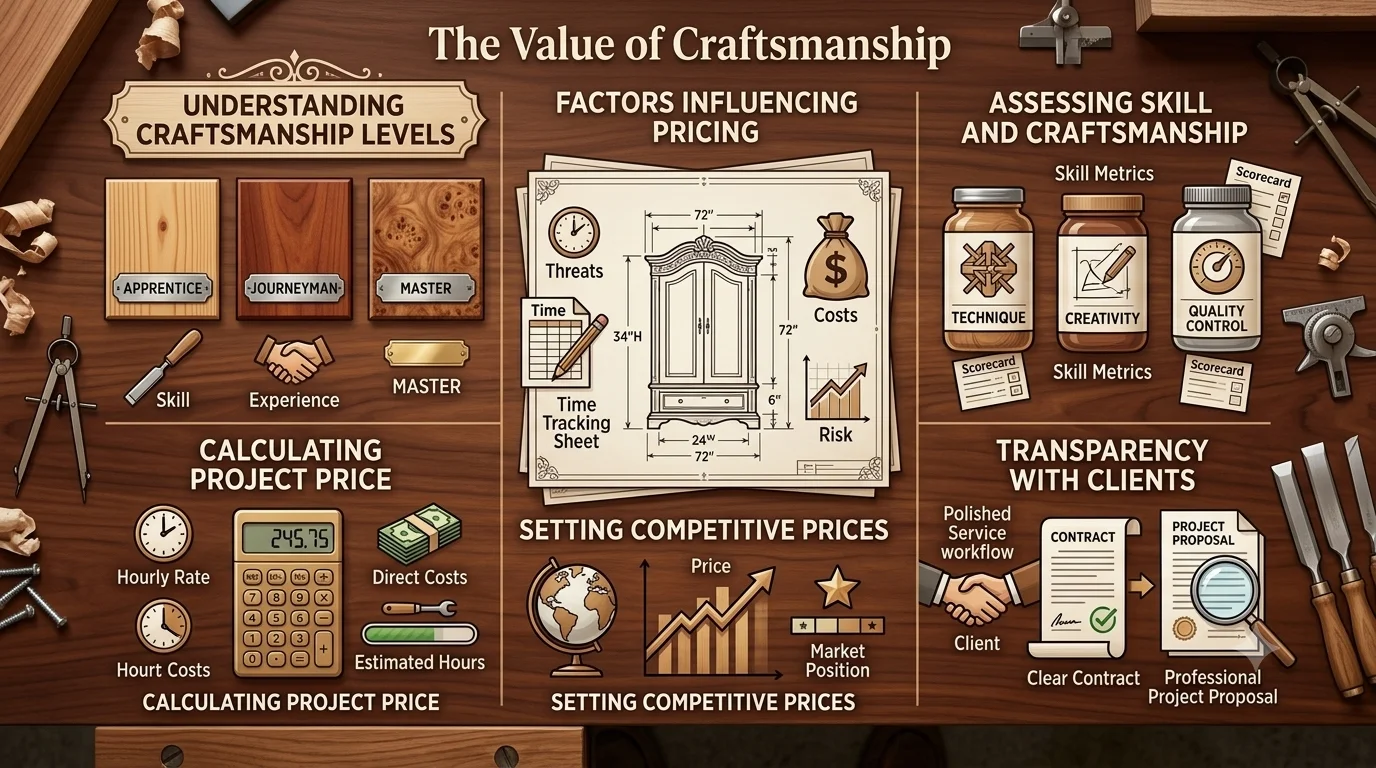 An infographic titled "The Value of Craftsmanship" presented as a flat lay on a wooden workbench. The six main sections break down the elements of woodworking craftsmanship