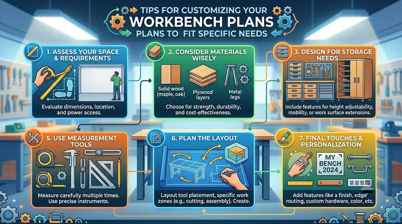 An organizational infographic titled "TIPS FOR CUSTOMIZING YOUR WORKBENCH PLANS TO FIT SPECIFIC NEEDS" arranged in six numbered blueprint panels
