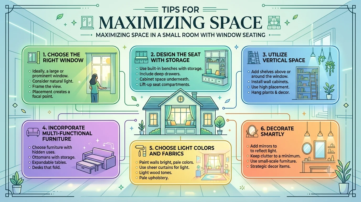 An infographic titled "Tips for Maximizing Space in a Small Room with Window Seating" presented in a 16:9 widescreen format. It features six colorful, numbered boxes arranged around a central illustration of a cozy house window.