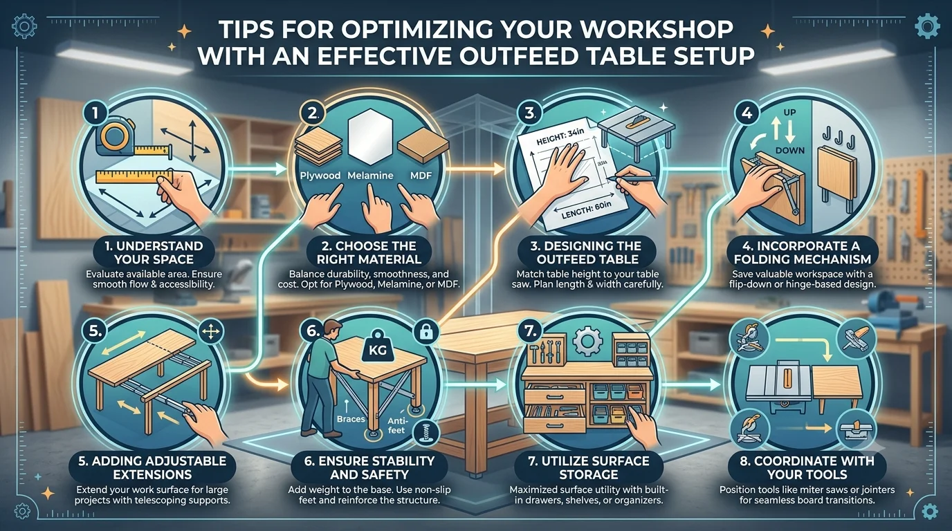 A workshop optimization infographic titled "TIPS FOR OPTIMIZING YOUR WORKSHOP WITH AN EFFECTIVE OUTFEED TABLE SETUP" showing an 8-step flowchart with circular icons over a blurred workshop backdrop: