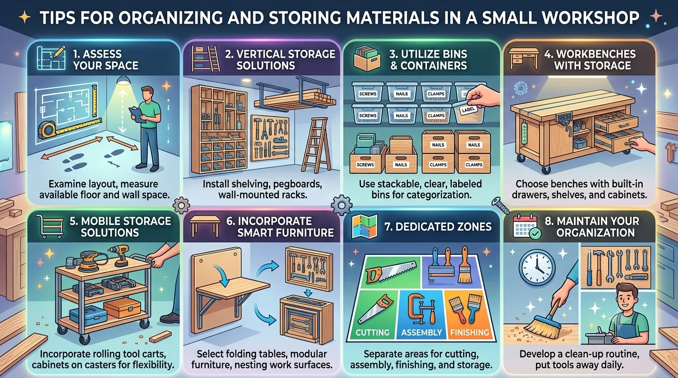 An organized workshop planning infographic titled "TIPS FOR ORGANIZING AND STORING MATERIALS IN A SMALL WORKSHOP" split into eight numbered rectangular panels