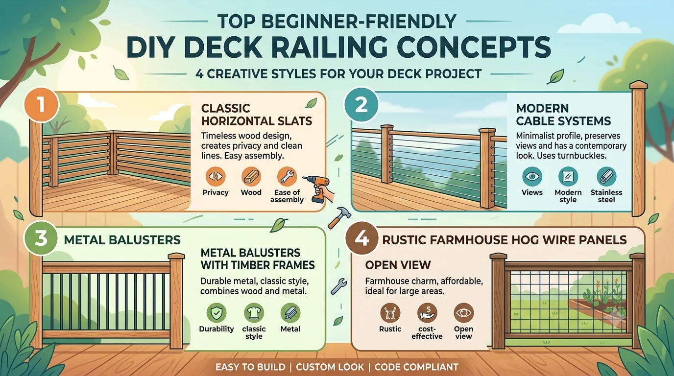 An infographic titled "TOP BEGINNER-FRIENDLY DIY DECK RAILING CONCEPTS" featuring four creative styles for a deck project