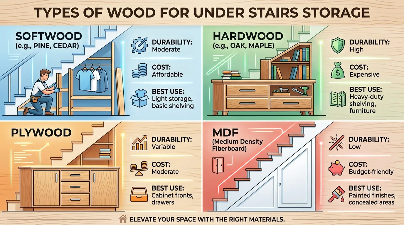 An infographic titled "Types of Wood for Under Stairs Storage" in a 16:9 layout. It is divided into four sections comparing Softwood, Hardwood, Plywood, and MDF, listing the durability, cost, and best use with icons and illustrative diagrams for each material.