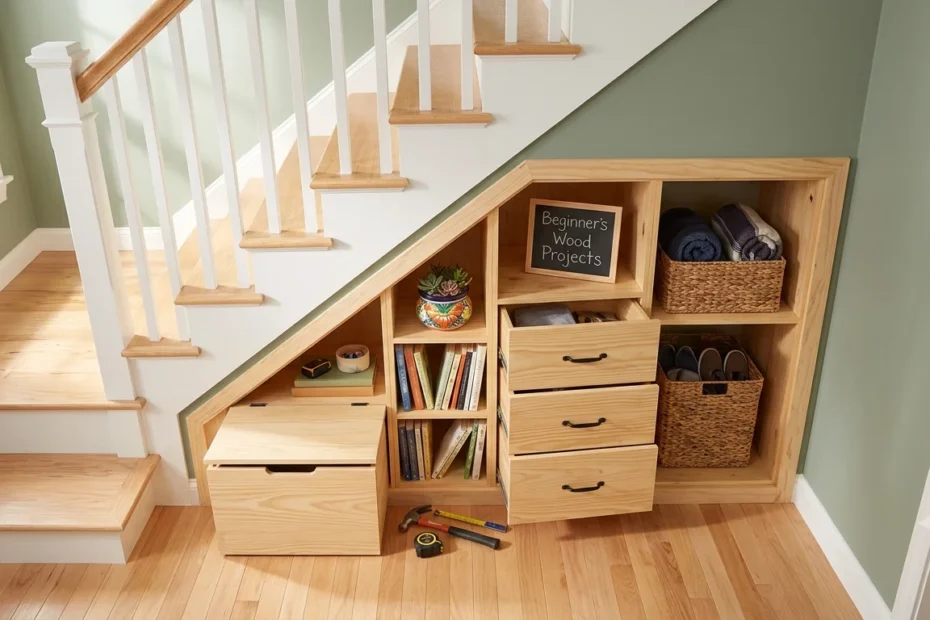 A neat under-stairs wooden storage unit featuring built-in shelves, pull-out drawers, and woven baskets.