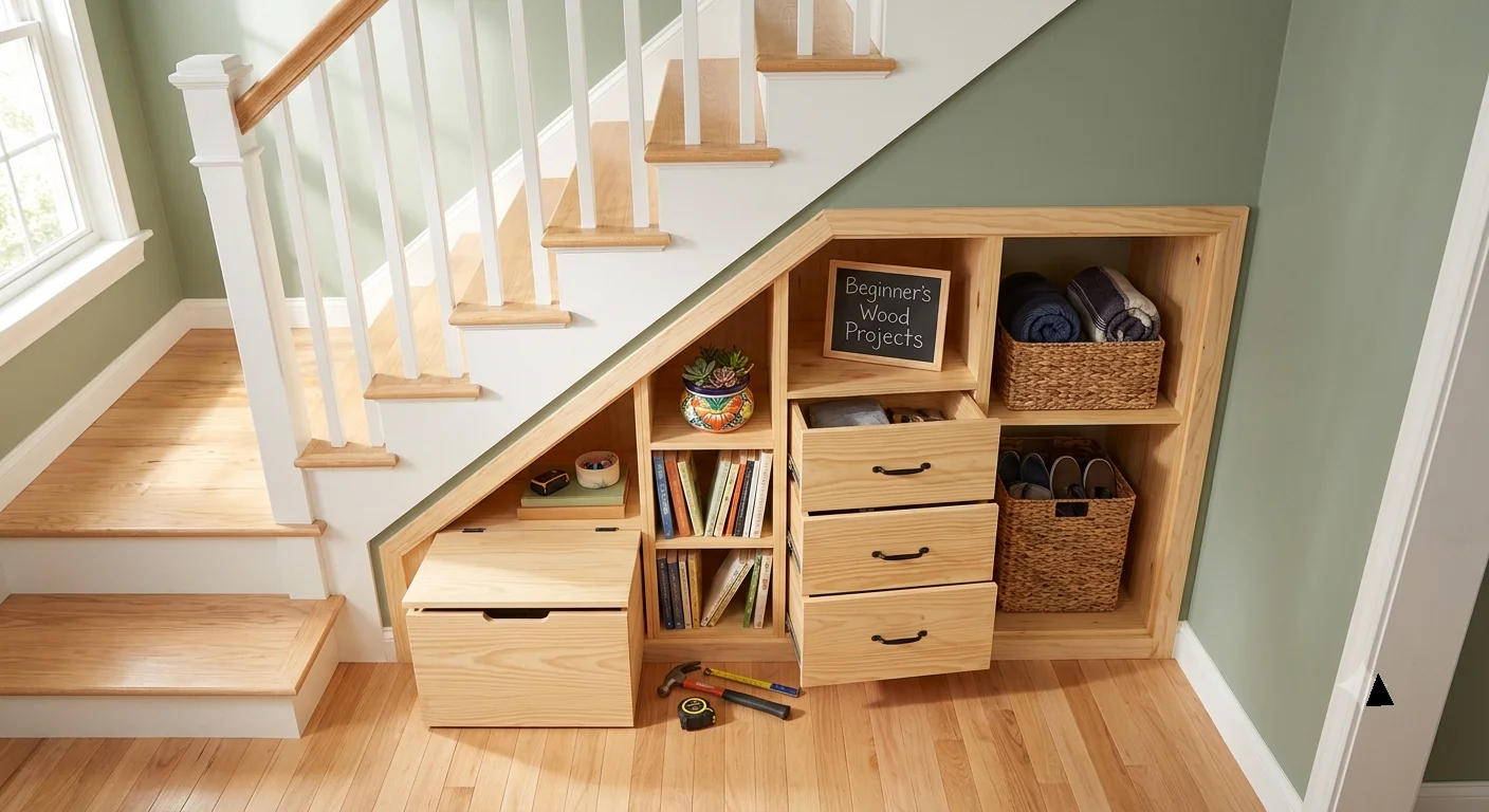 A neat under-stairs wooden storage unit featuring built-in shelves, pull-out drawers, and woven baskets.