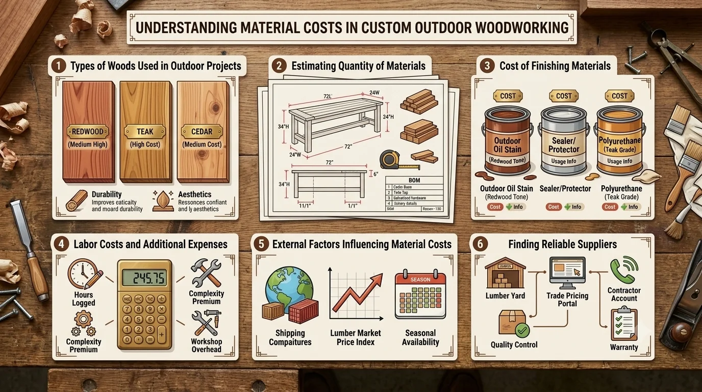 An infographic titled "Understanding Material Costs in Custom Outdoor Woodworking" displayed over a wooden workbench with woodworking tools.