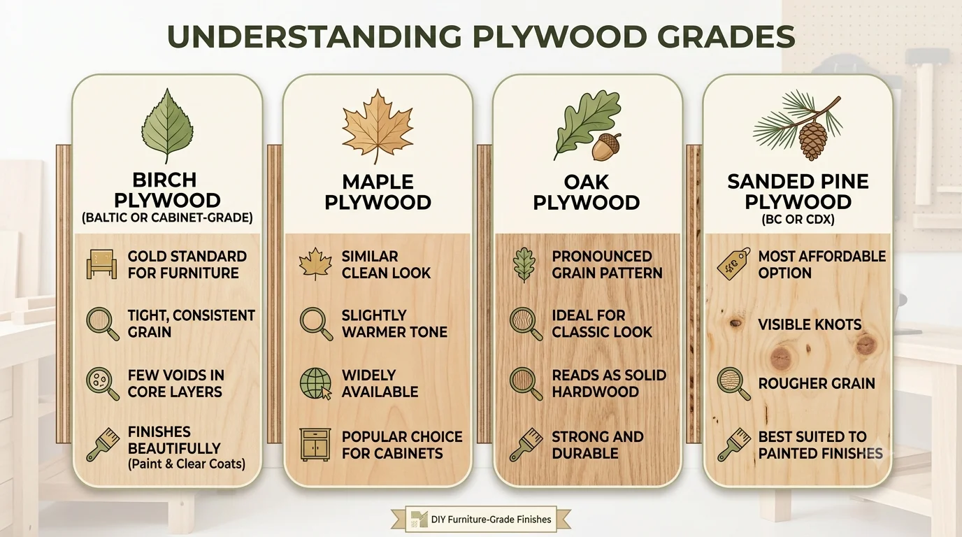Infographic comparing birch, maple, oak, and sanded pine plywood grades, detailing their grain patterns, finishes, and ideal uses for DIY furniture.