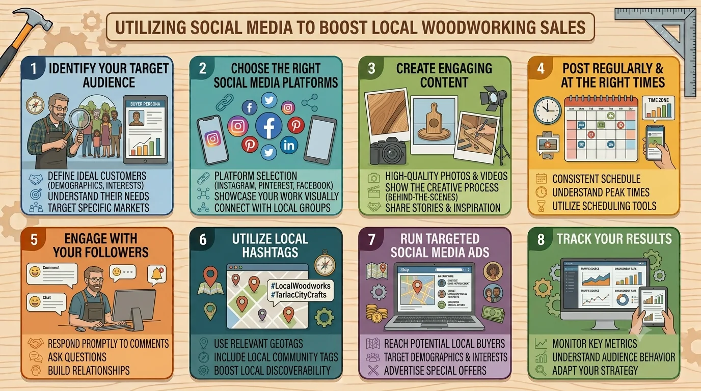 Infographic titled "Utilizing Social Media to Boost Local Woodworking Sales" outlining eight tactics: identifying target audience, selecting platforms, creating content, posting schedules, follower engagement, local hashtags, targeted ads, and tracking results.