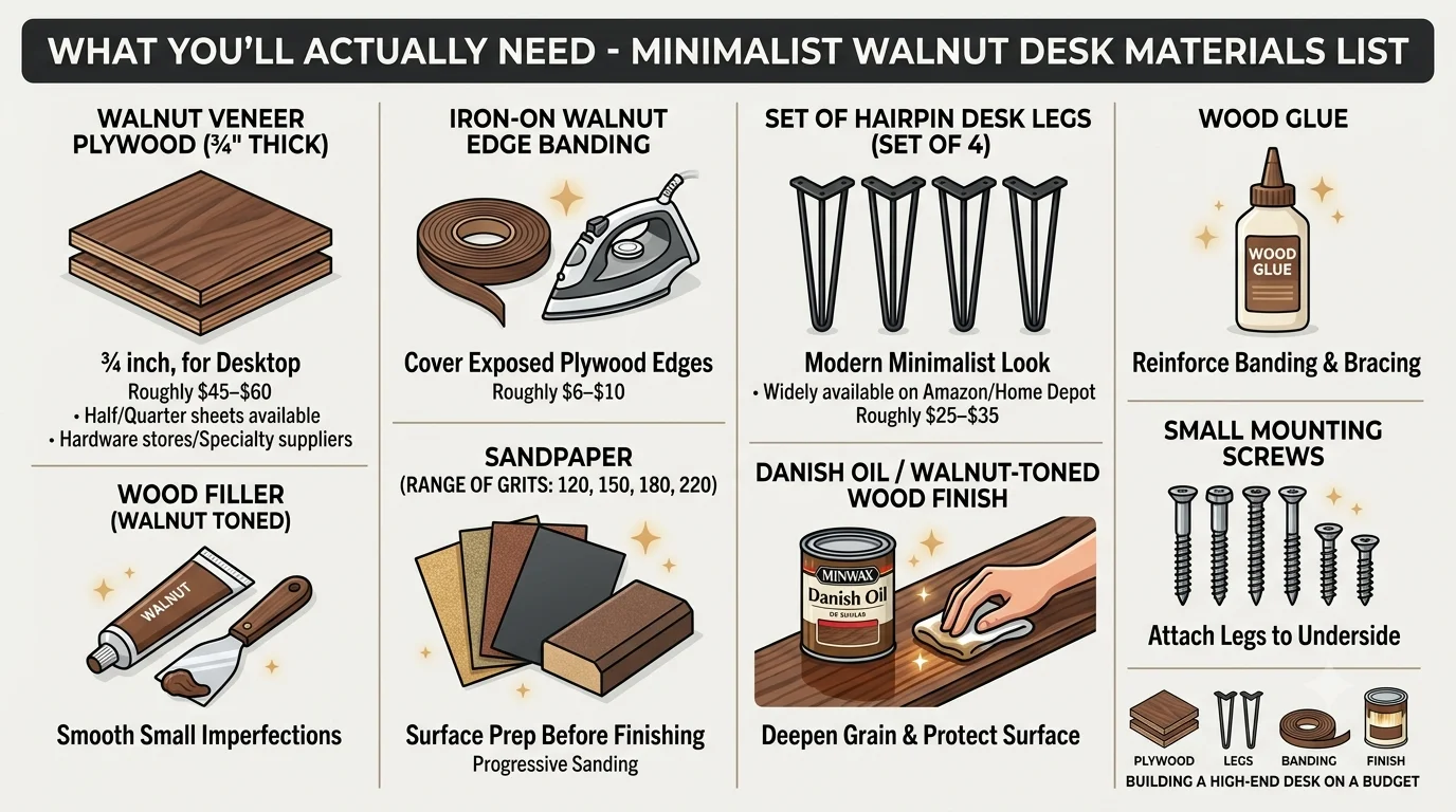DIY woodworking infographic listing materials needed for a minimal walnut desk: walnut veneer plywood, iron-on edge banding, a set of four hairpin legs, wood glue, walnut-toned wood filler, varying grits of sandpaper, Danish oil finish, and small mounting screws.