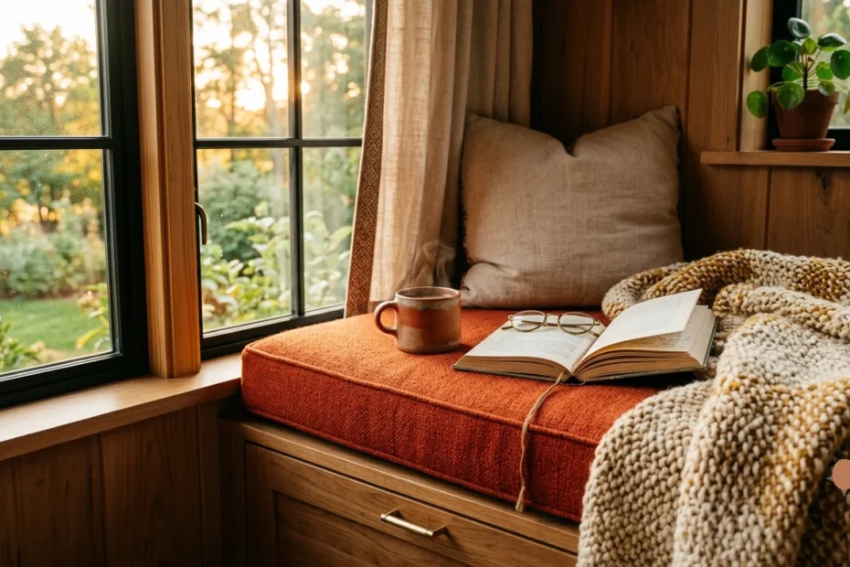 A cozy window seat with a vibrant orange cushion, an open book, and a steaming mug, bathed in warm golden hour sunlight.