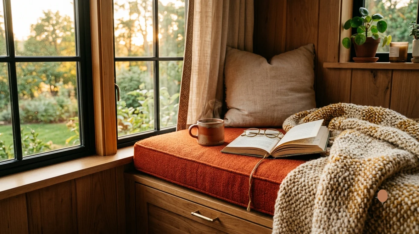 A cozy window seat with a vibrant orange cushion, an open book, and a steaming mug, bathed in warm golden hour sunlight.