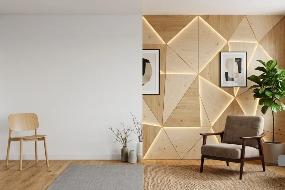 Split screen comparison of a plain white living room wall and a modern geometric plywood accent wall with warm backlit lighting.