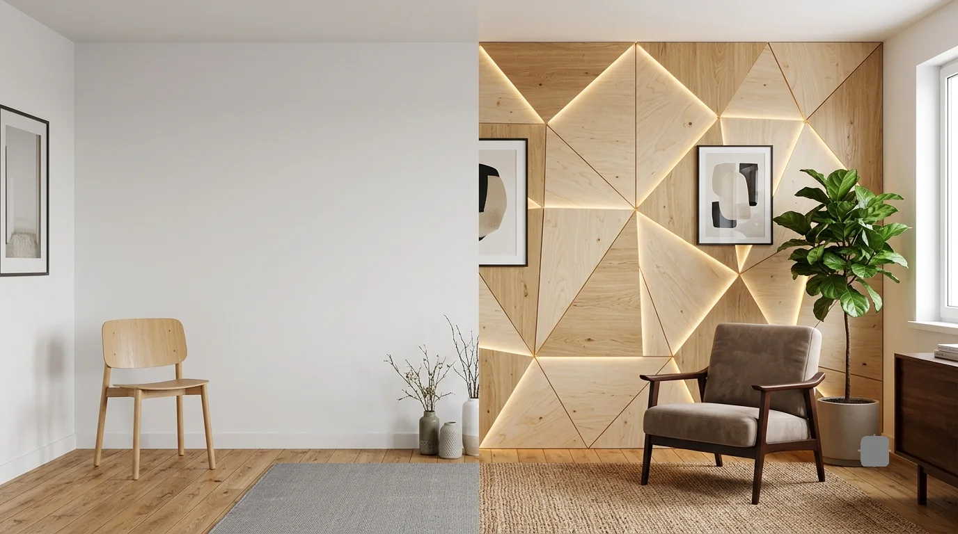 Split screen comparison of a plain white living room wall and a modern geometric plywood accent wall with warm backlit lighting.