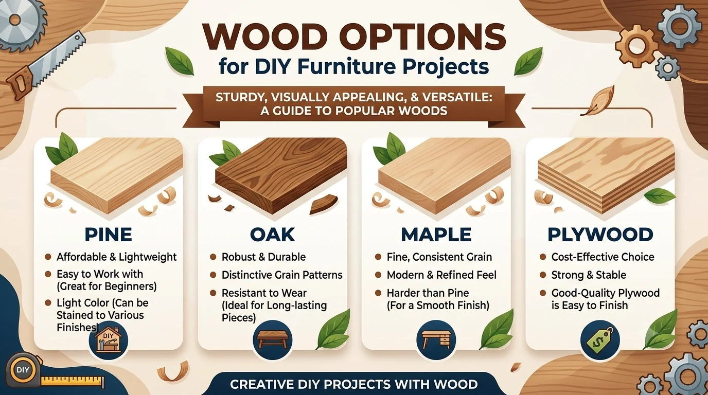An infographic titled "WOOD OPTIONS for DIY Furniture Projects" featuring four columns that compare Pine, Oak, Maple, and Plywood, each showing a 3D wood block sample and bulleted characteristics against a light background with woodworking illustrations.