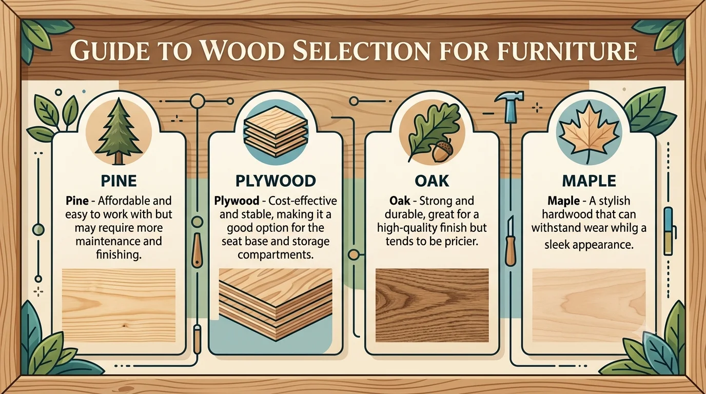 An infographic titled "Guide to Wood Selection for Furniture" presented within a wooden border. It features four vertical cards detailing different wood types: Pine, Plywood, Oak, and Maple. Each section includes an illustrative icon, a short description of the material's properties, and a rectangular sample showing its unique wood grain pattern.