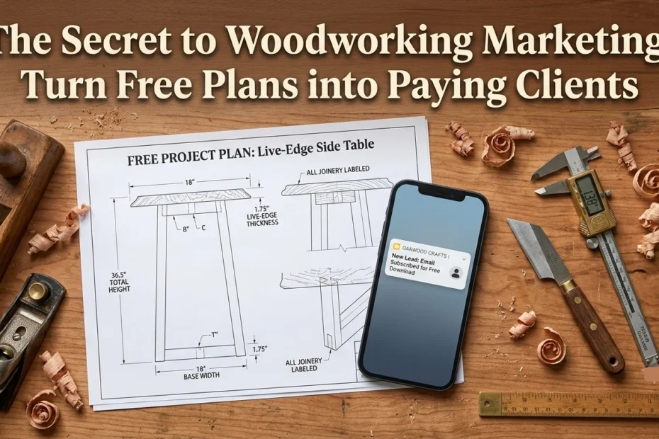 Flat-lay of a woodworking workbench featuring a printed side table blueprint labeled "Free Project Plan" alongside a smartphone with an email subscriber notification and hand tools.