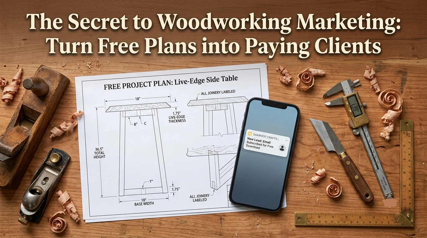 Flat-lay of a woodworking workbench featuring a printed side table blueprint labeled "Free Project Plan" alongside a smartphone with an email subscriber notification and hand tools.