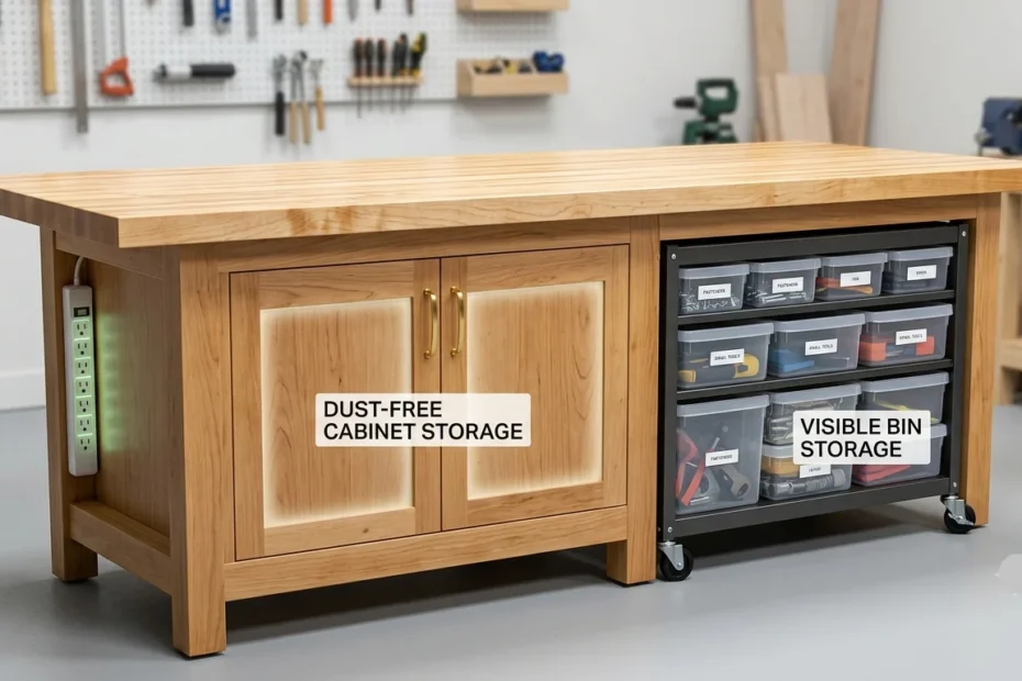 A bright, wide-angle shot of a custom DIY wooden workbench featuring a split-storage design. On the left side, double-door wooden cabinets are labeled "DUST-FREE CABINET STORAGE."