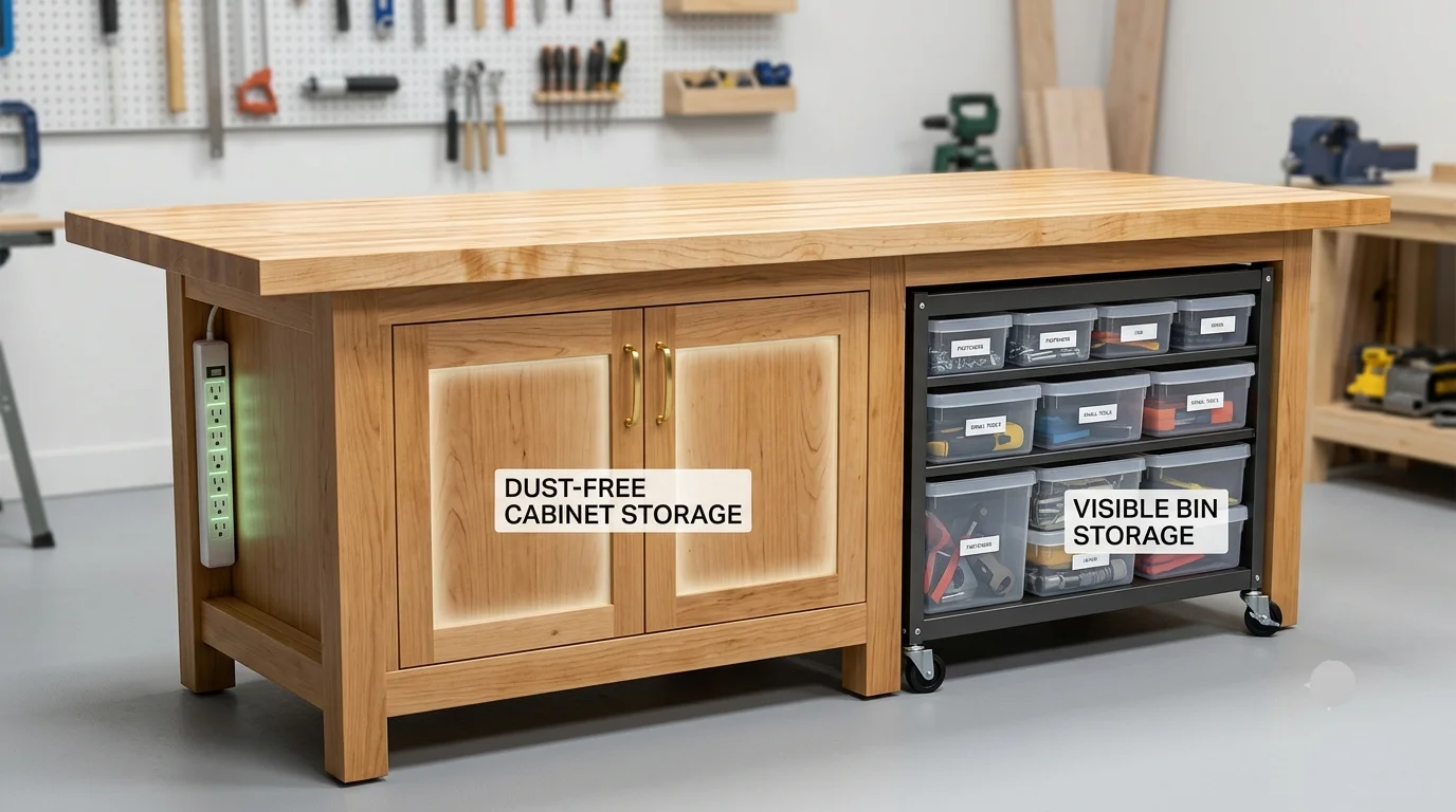 A bright, wide-angle shot of a custom DIY wooden workbench featuring a split-storage design. On the left side, double-door wooden cabinets are labeled "DUST-FREE CABINET STORAGE."