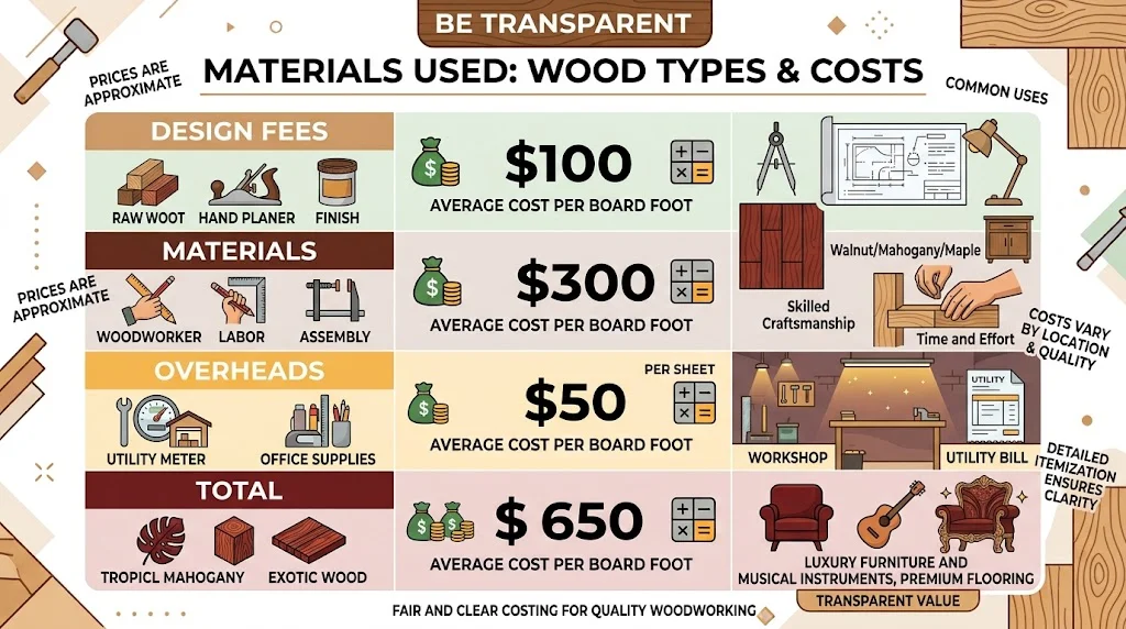 An infographic showing a transparent project cost breakdown: Design Fees ($100), Materials ($300), Labor ($200), and Overheads ($50), totaling $650.