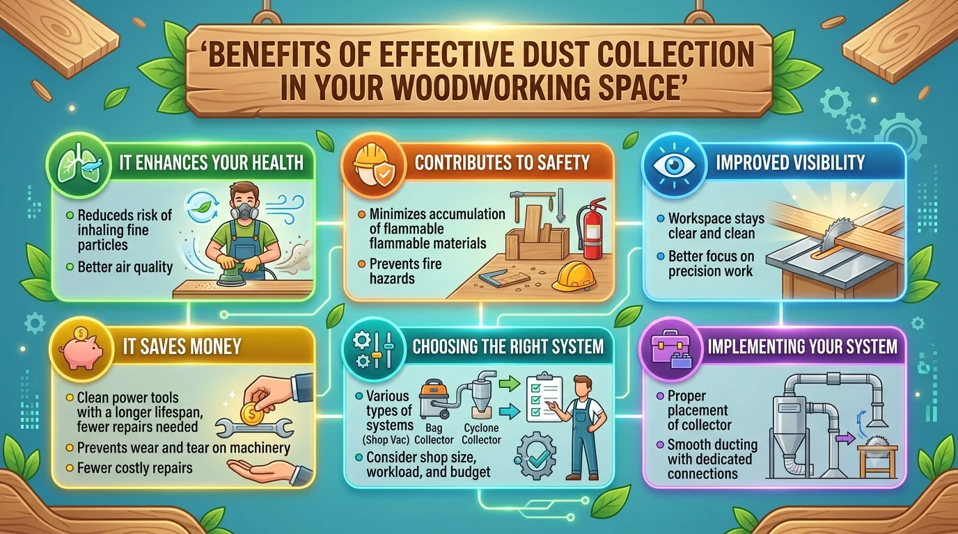 Infographic showing the health, safety, and financial benefits of woodworking dust collection