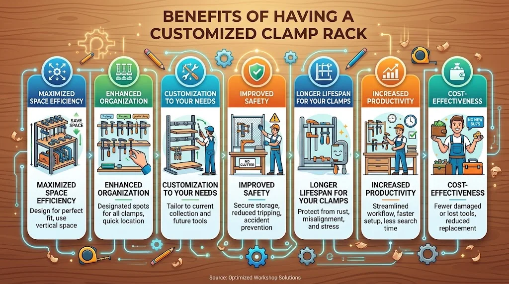 Infographic illustrating seven benefits of a custom clamp rack, including space efficiency, organization, customized design, safety, longer clamp lifespan, increased productivity, and cost-effectiveness.