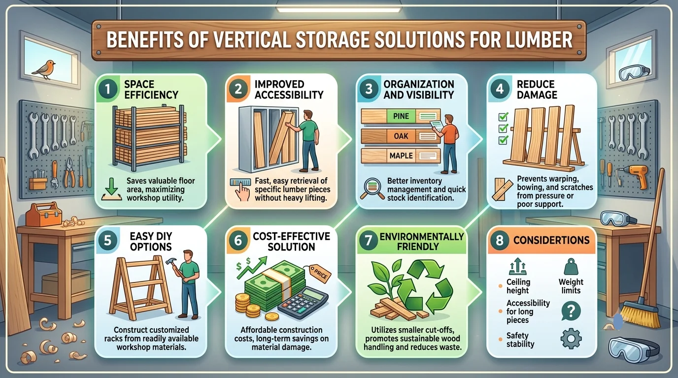 An infographic illustration titled "BENEFITS OF VERTICAL STORAGE SOLUTIONS FOR LUMBER," presenting eight columns of information: SPACE EFFICIENCY, IMPROVED ACCESSIBILITY, ORGANIZATION AND VISIBILITY, REDUCE DAMAGE, EASY DIY OPTIONS, COST-EFFECTIVE SOLUTION, ENVIRONMENTALLY FRIENDLY, and CONSIDERATIONS.