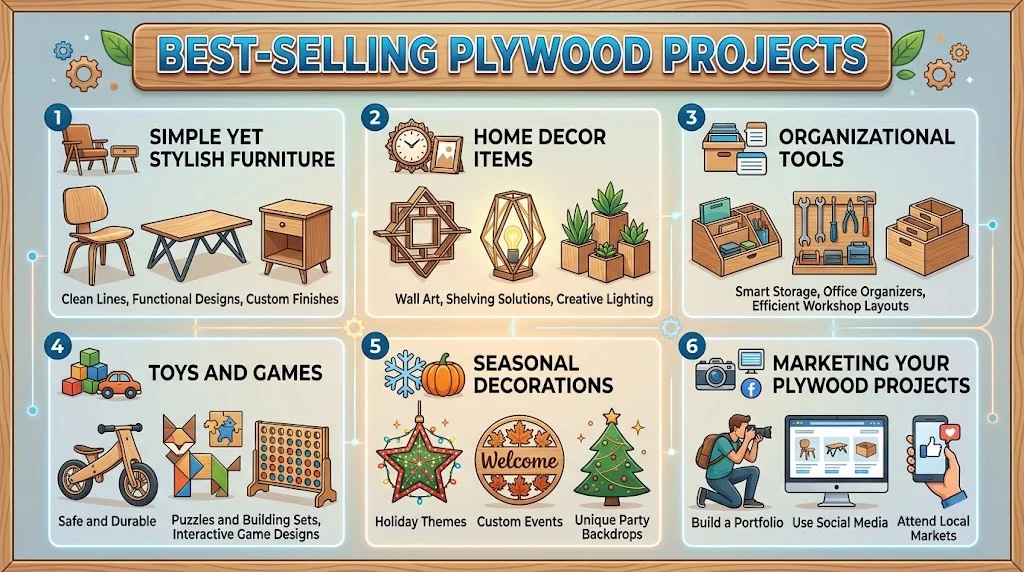 Infographic titled "Best-Selling Plywood Projects" displaying six numbered panels with icons for furniture, home decor, organizational tools, toys and games, seasonal decorations, and marketing tips.