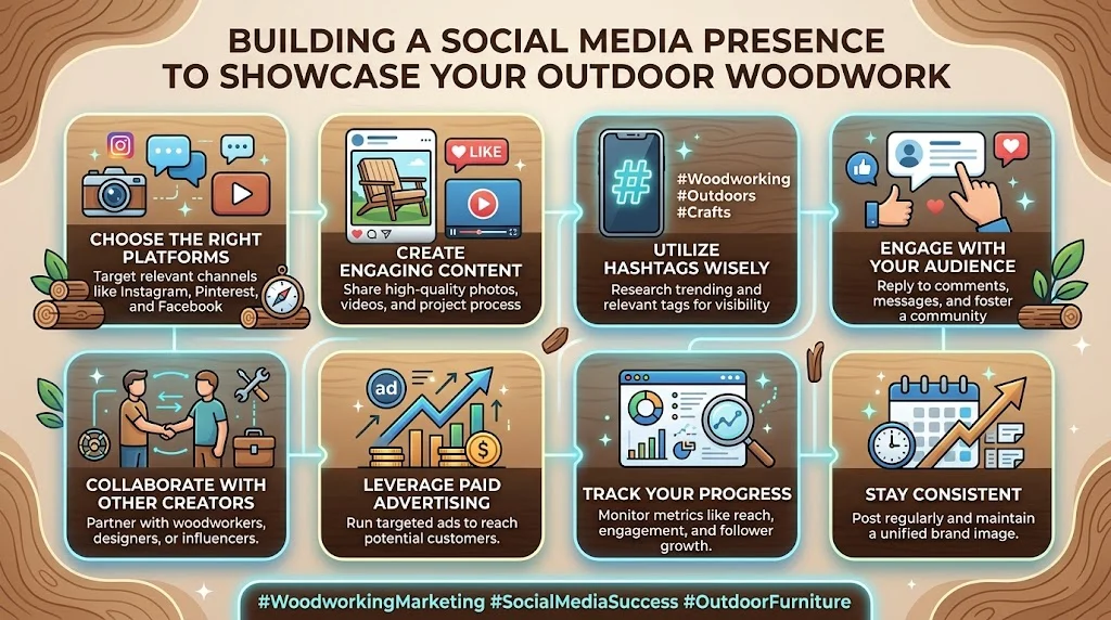 Infographic showing eight steps for building a social media presence for outdoor woodworking.