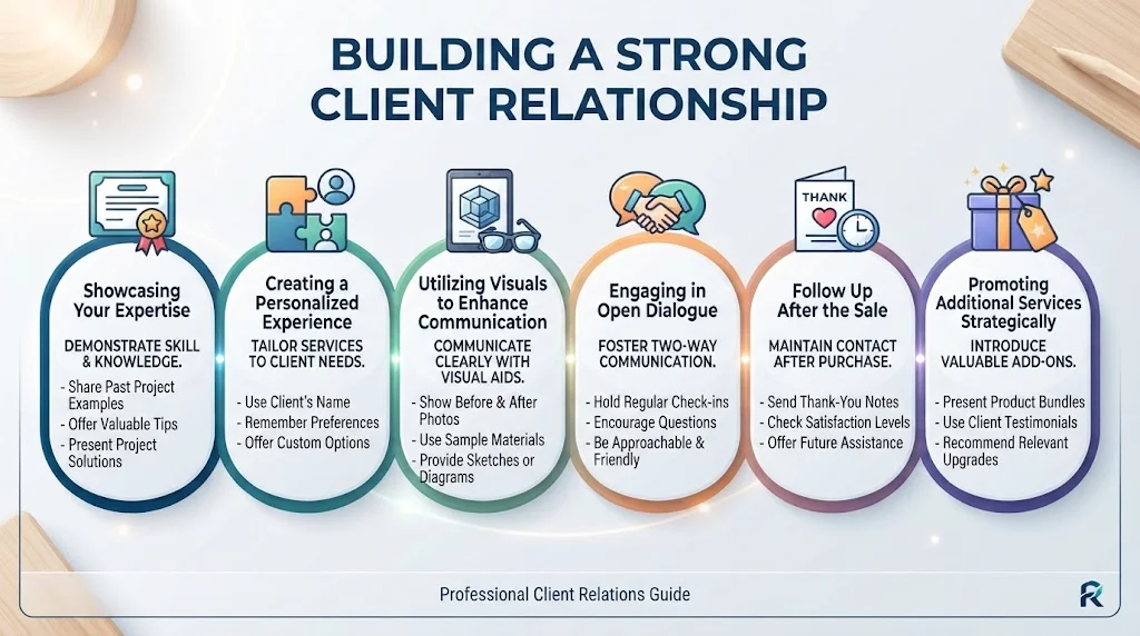 An infographic titled "BUILDING A STRONG CLIENT RELATIONSHIP" featuring six connected steps: Showcasing Your Expertise, Creating a Personalized Experience, Utilizing Visuals to Enhance Communication, Engaging in Open Dialogue, Follow Up After the Sale, and Promoting Additional Services Strategically.
