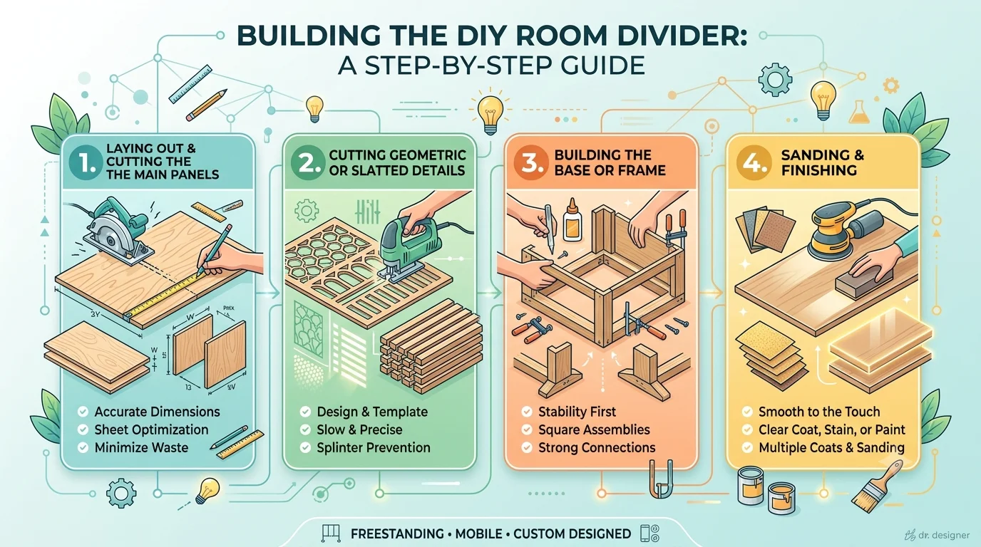 An infographic outlining the four steps to building a DIY room divider: Layout and Cutting, Cutting Details, Base Building, and Finishing.