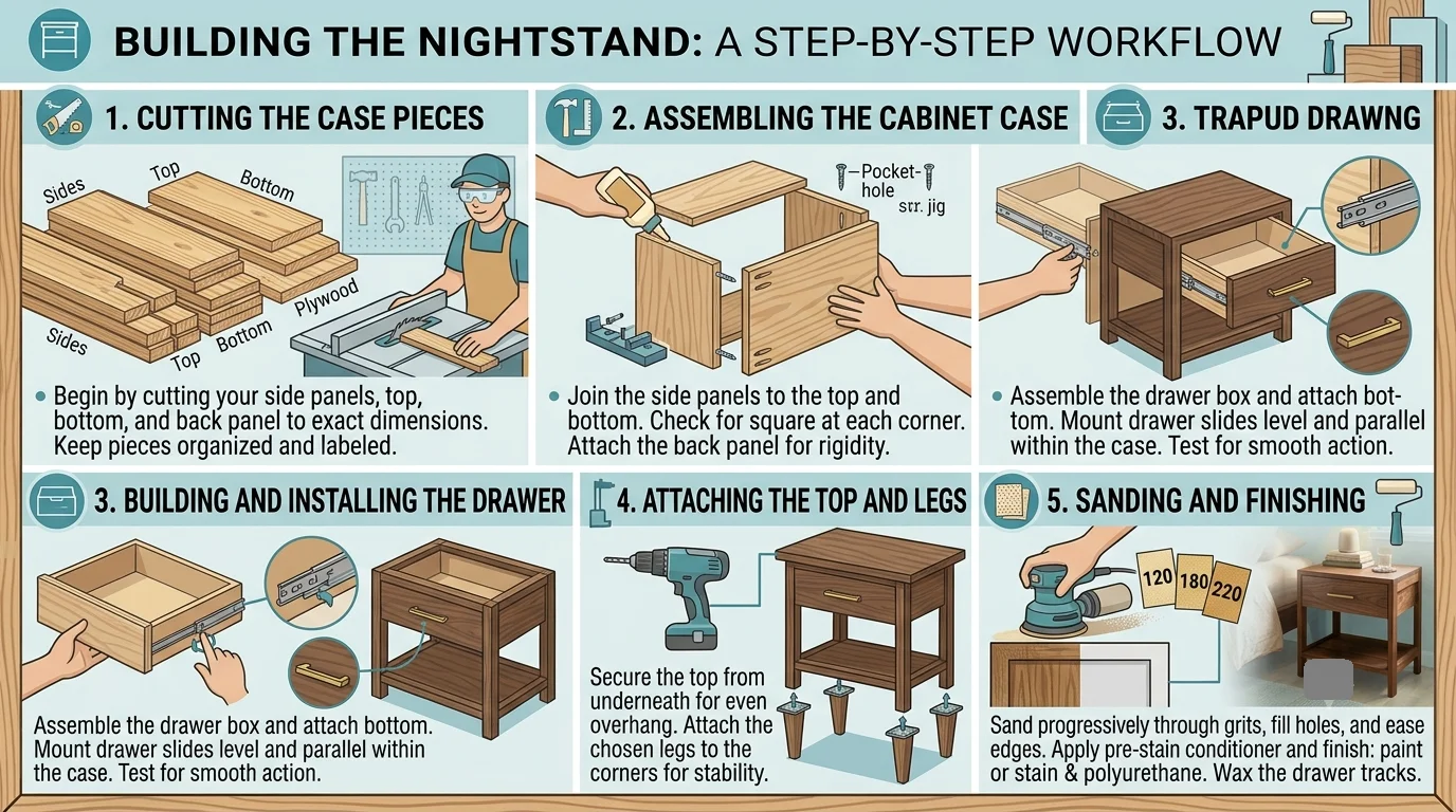 An infographic titled 'Building The Nightstand: A Step-By-Step Workflow' displaying six panels with illustrations and instructions for cutting, assembling, and finishing a wooden nightstand.