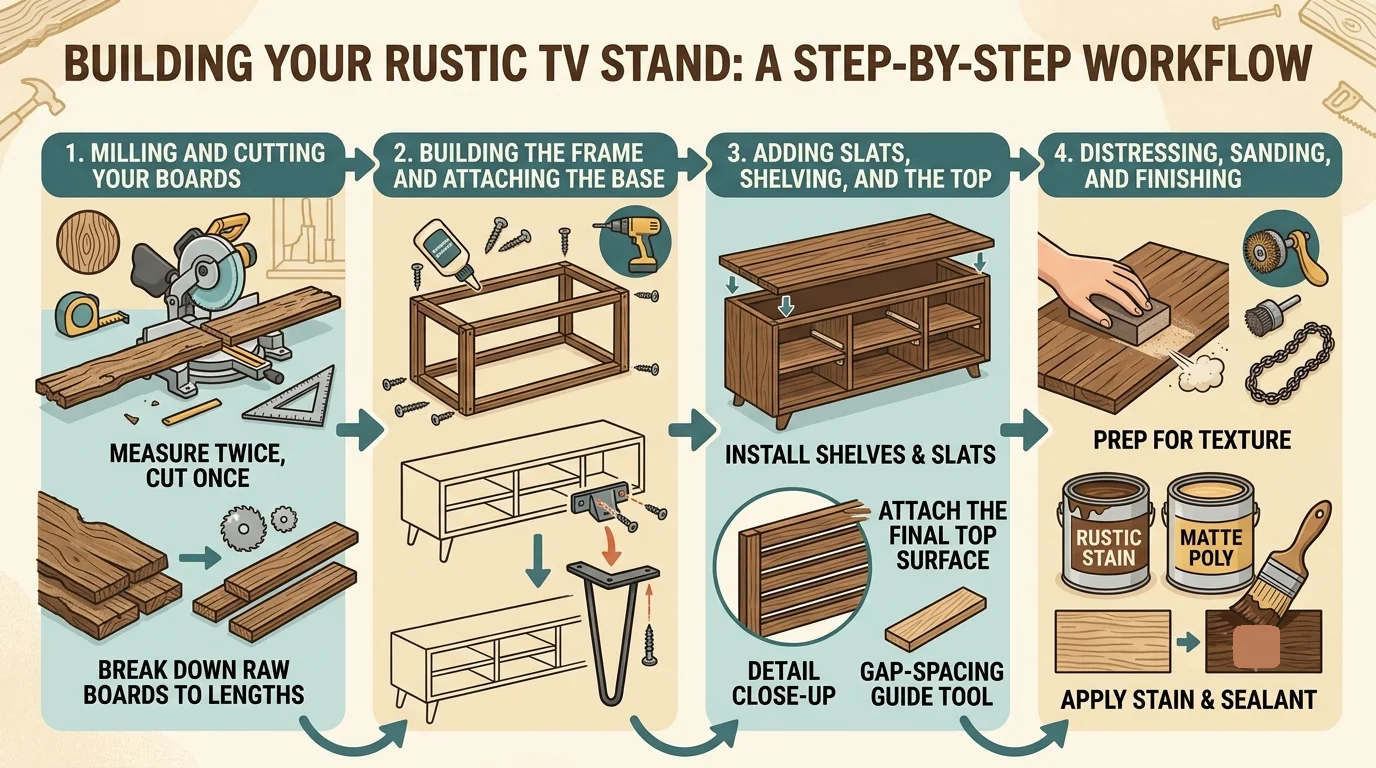 An infographic titled 'Building Your Rustic TV Stand: A Step-by-Step Workflow' displaying a four-step DIY process: cutting boards, assembling the frame, adding shelves and slats, and finishing with stain.