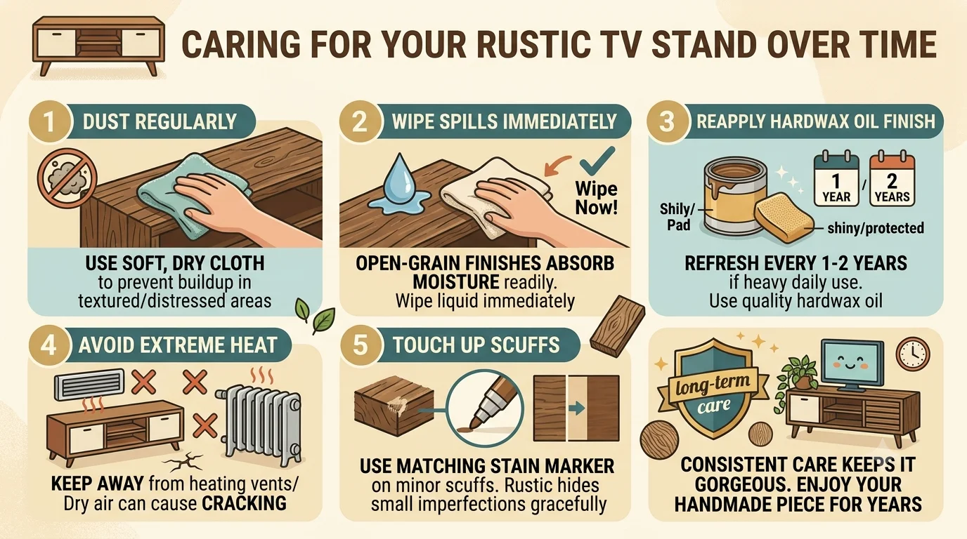 An infographic titled 'Caring for Your Rustic TV Stand Over Time' showing five maintenance tips: regular dusting, wiping spills immediately, reapplying finish, avoiding heat sources, and touching up scuffs.